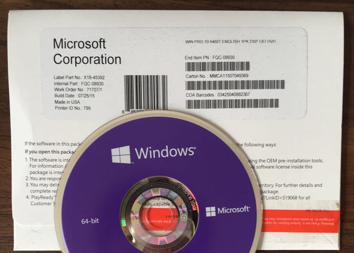 4 GB Memory Windows 10 Pro Product Key 64 Bit Activation DVD And COA